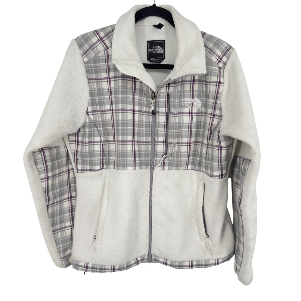The North Face Denali Fleece Jacket Womens M White Grey Purple Plaid Full Zip